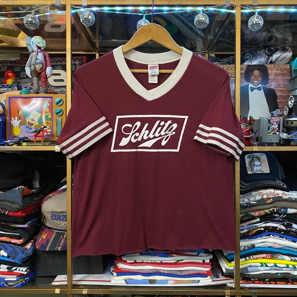 Vintage Schlitz Beer No. 40 V-Neck Ringer Crop Shirt Small Maroon Soffe 70s 80s